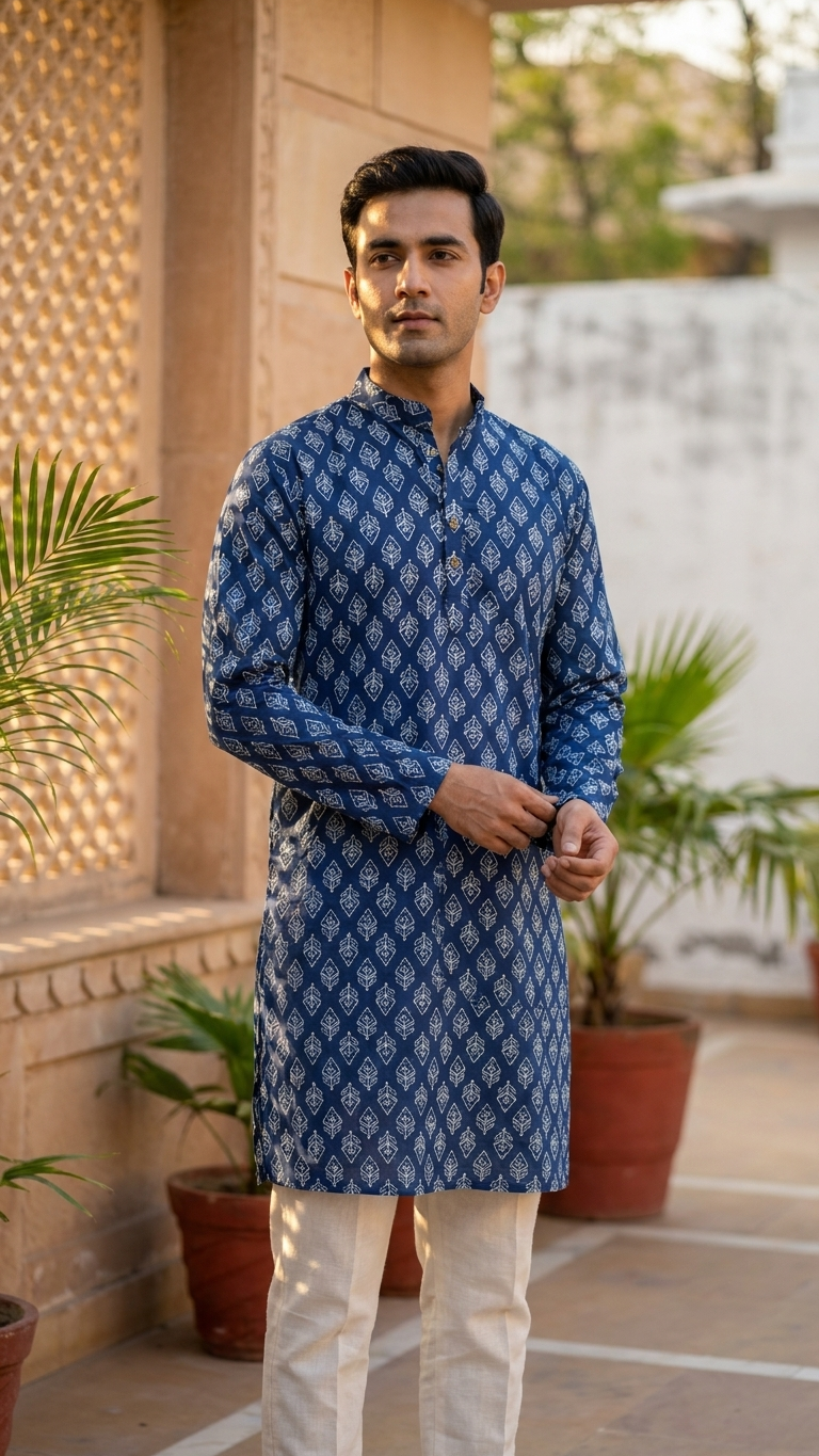 Indigo Blue Leaf Printed Men's Long Cotton Kurta