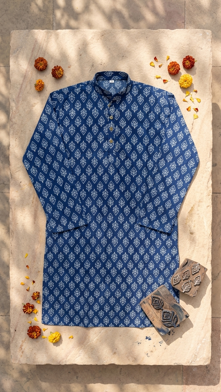 Indigo Blue Leaf Printed Men's Long Cotton Kurta