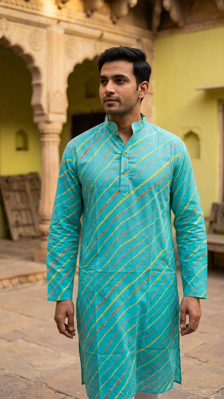 Sky Blue Leheriya Printed Men's Long Cotton Kurta