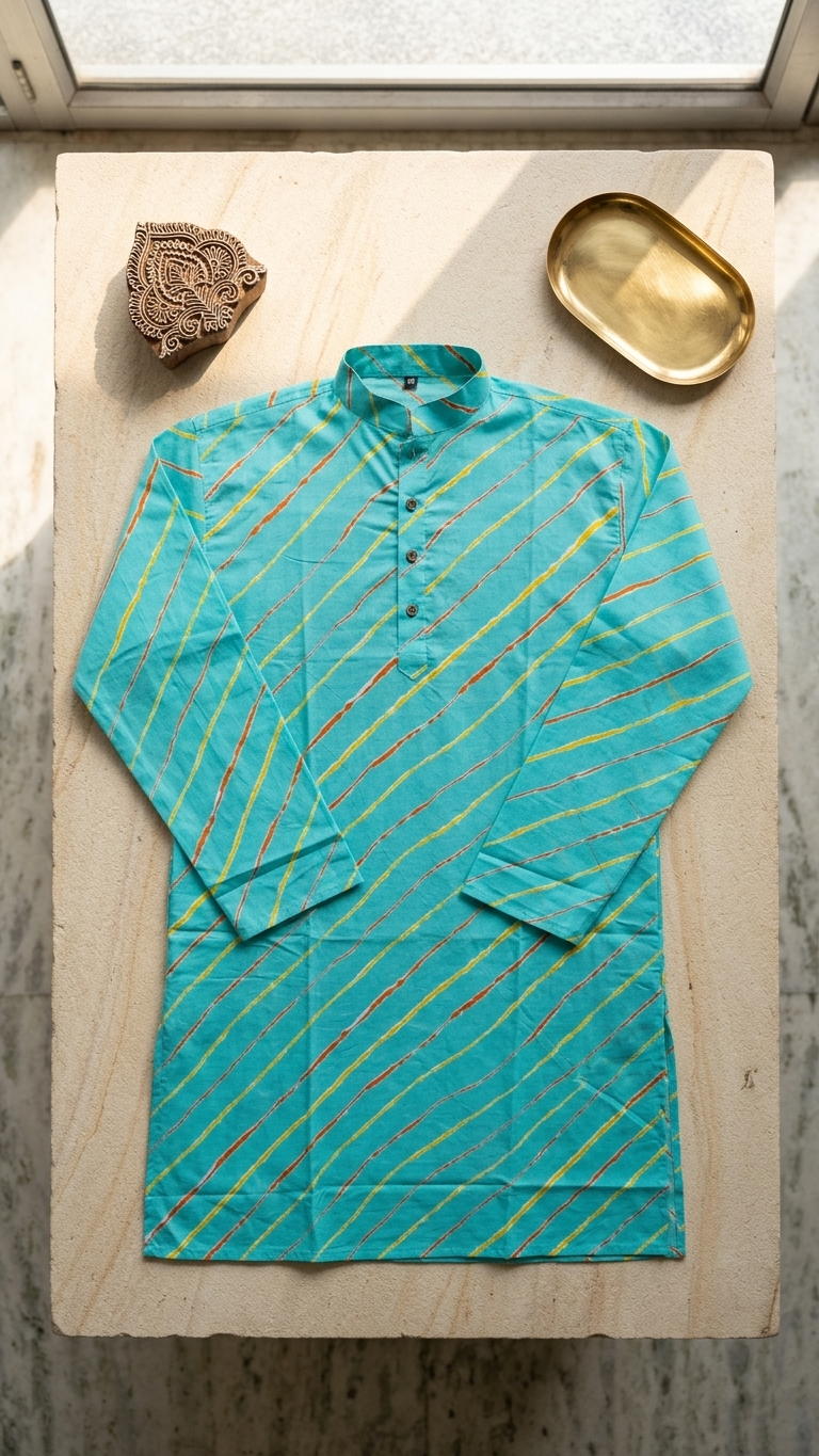 Sky Blue Leheriya Printed Men's Long Cotton Kurta