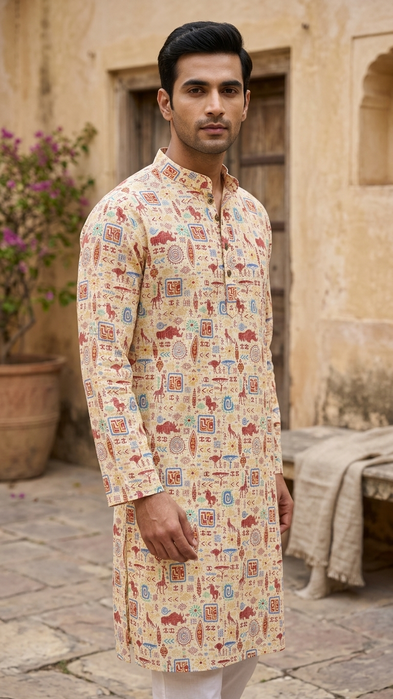 Cream Multicolour Tribal Printed Men's Long Cotton Kurta