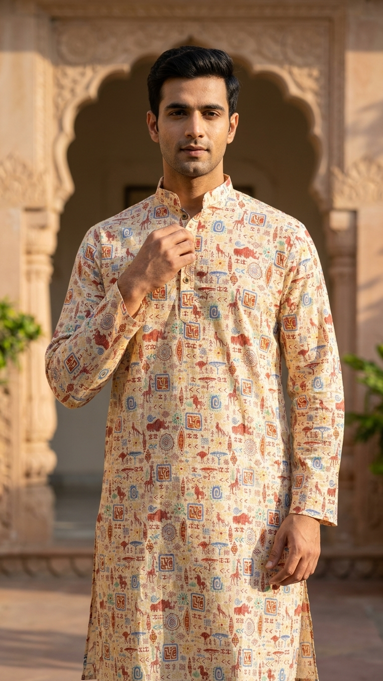 Cream Multicolour Tribal Printed Men's Long Cotton Kurta