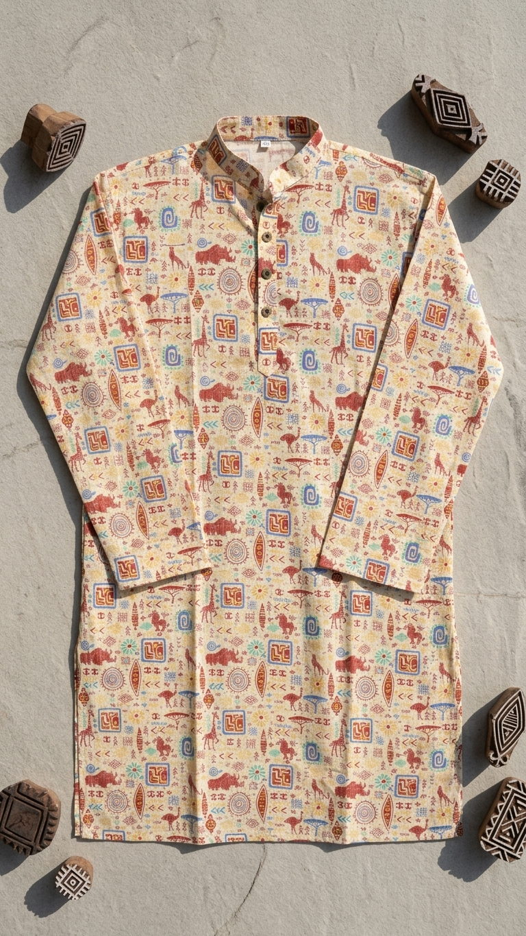 Cream Multicolour Tribal Printed Men's Long Cotton Kurta