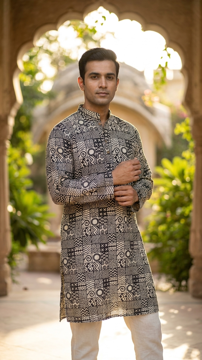 Black White Geometric Printed Men's Long Cotton Kurta