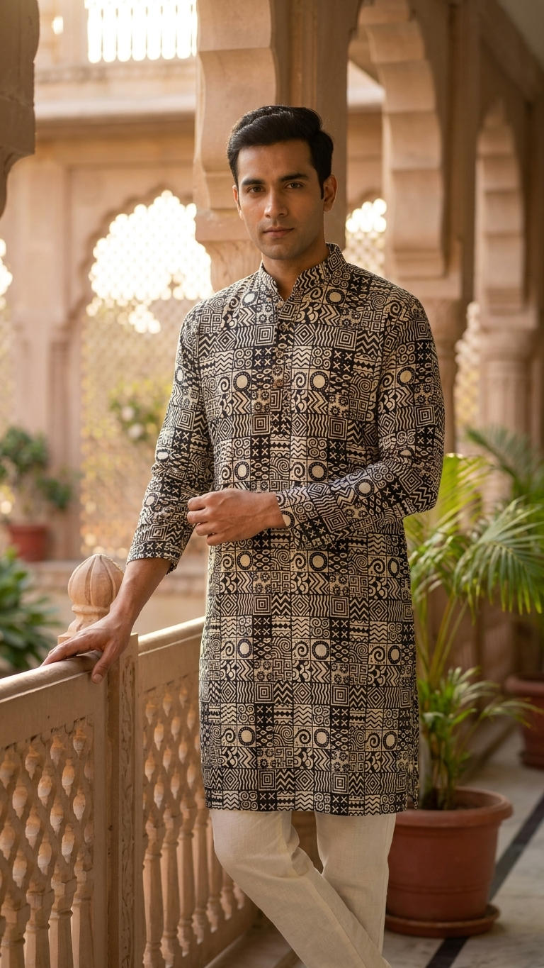 Black White Geometric Printed Men's Long Cotton Kurta