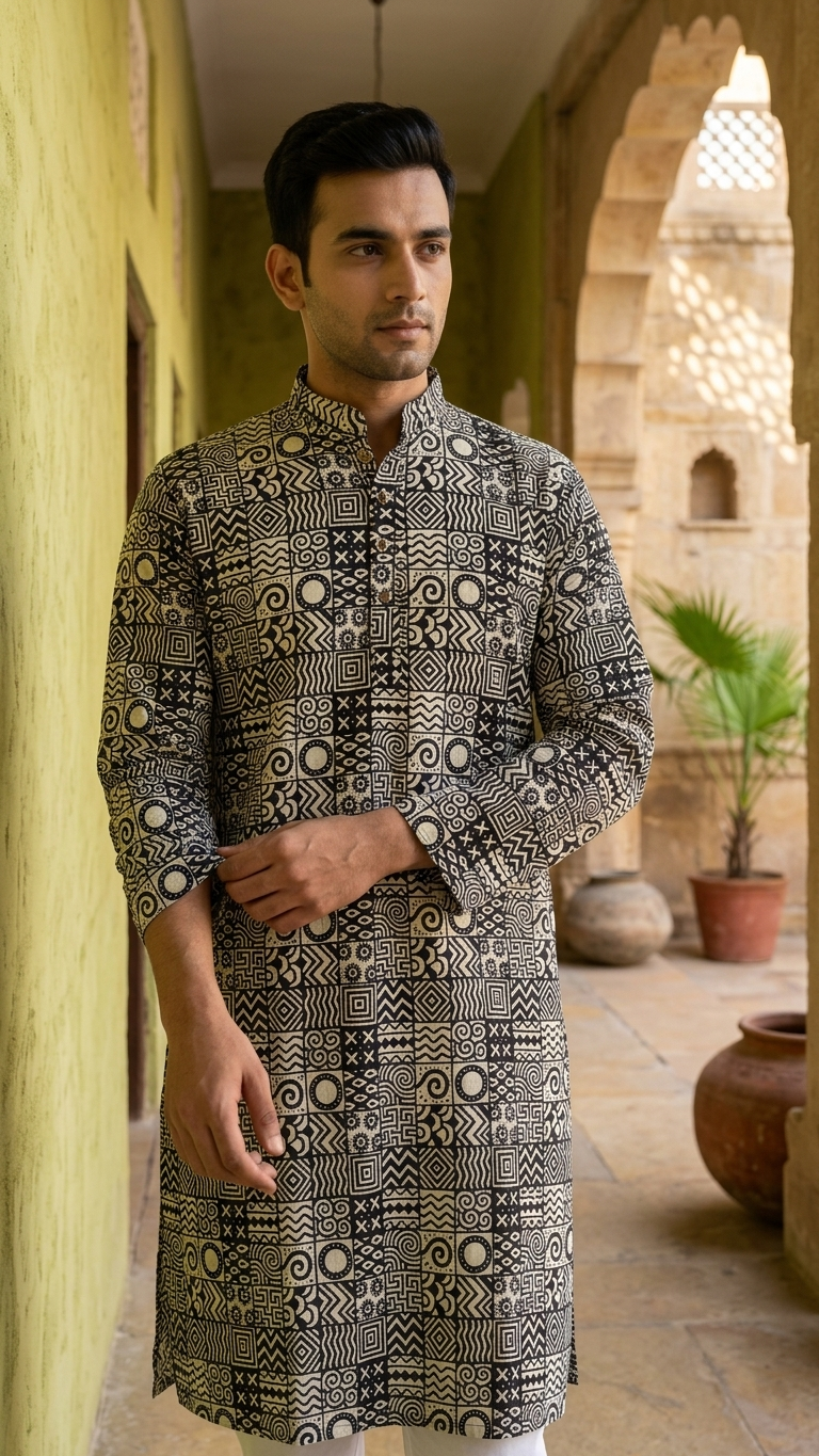 Black White Geometric Printed Men's Long Cotton Kurta