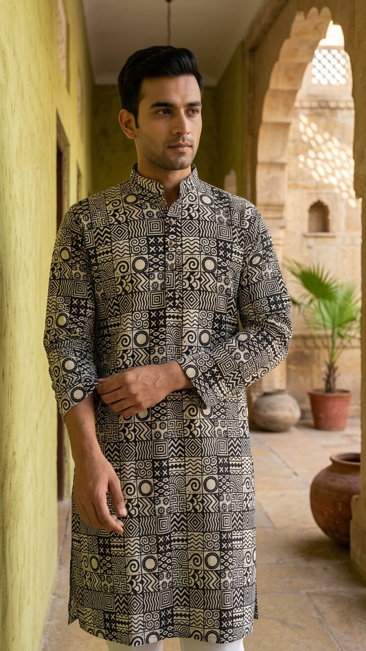 Black White Geometric Printed Men's Long Cotton Kurta