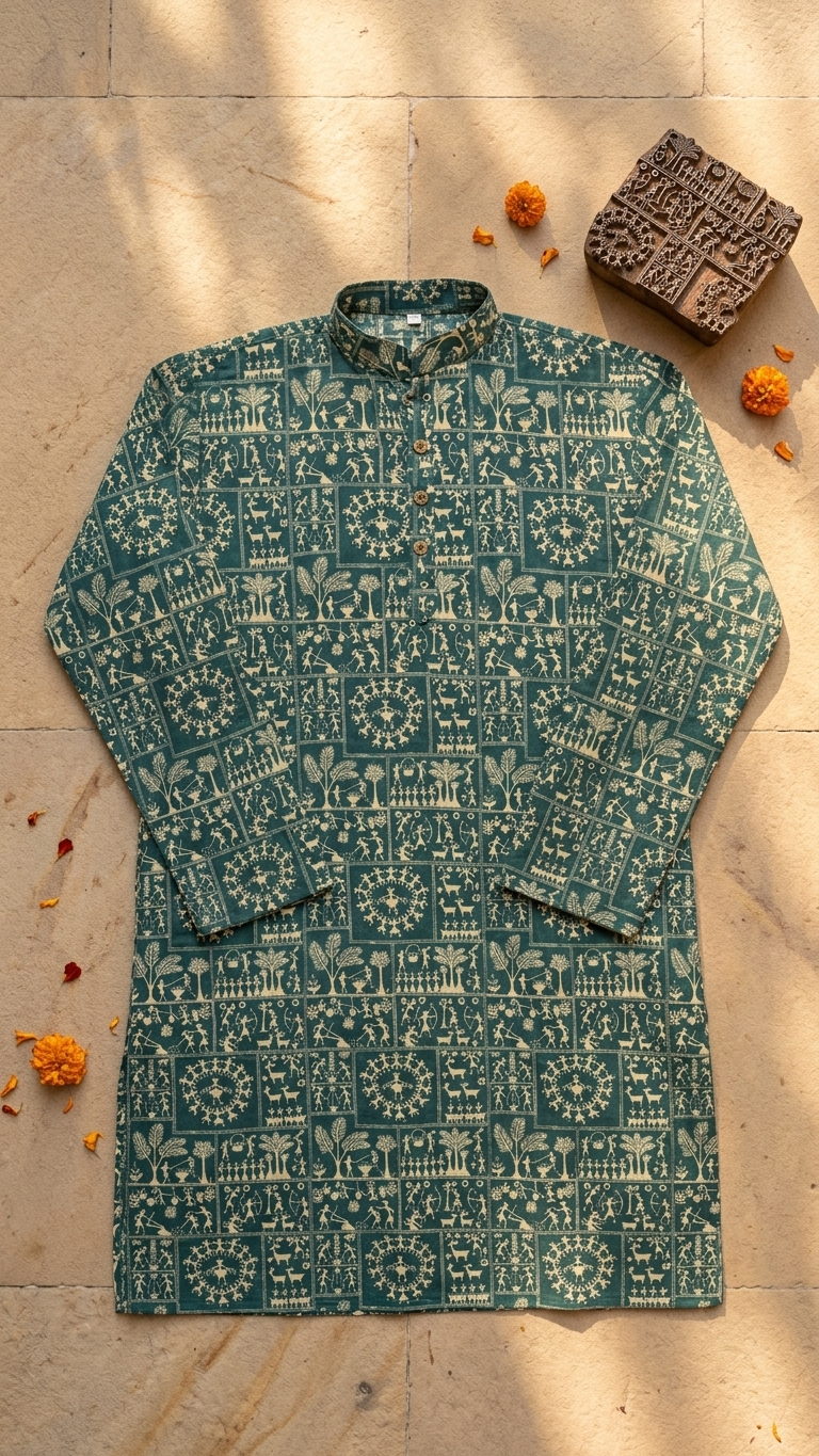 Teal Green Warli Patchwork Printed Men's Long Cotton Kurta