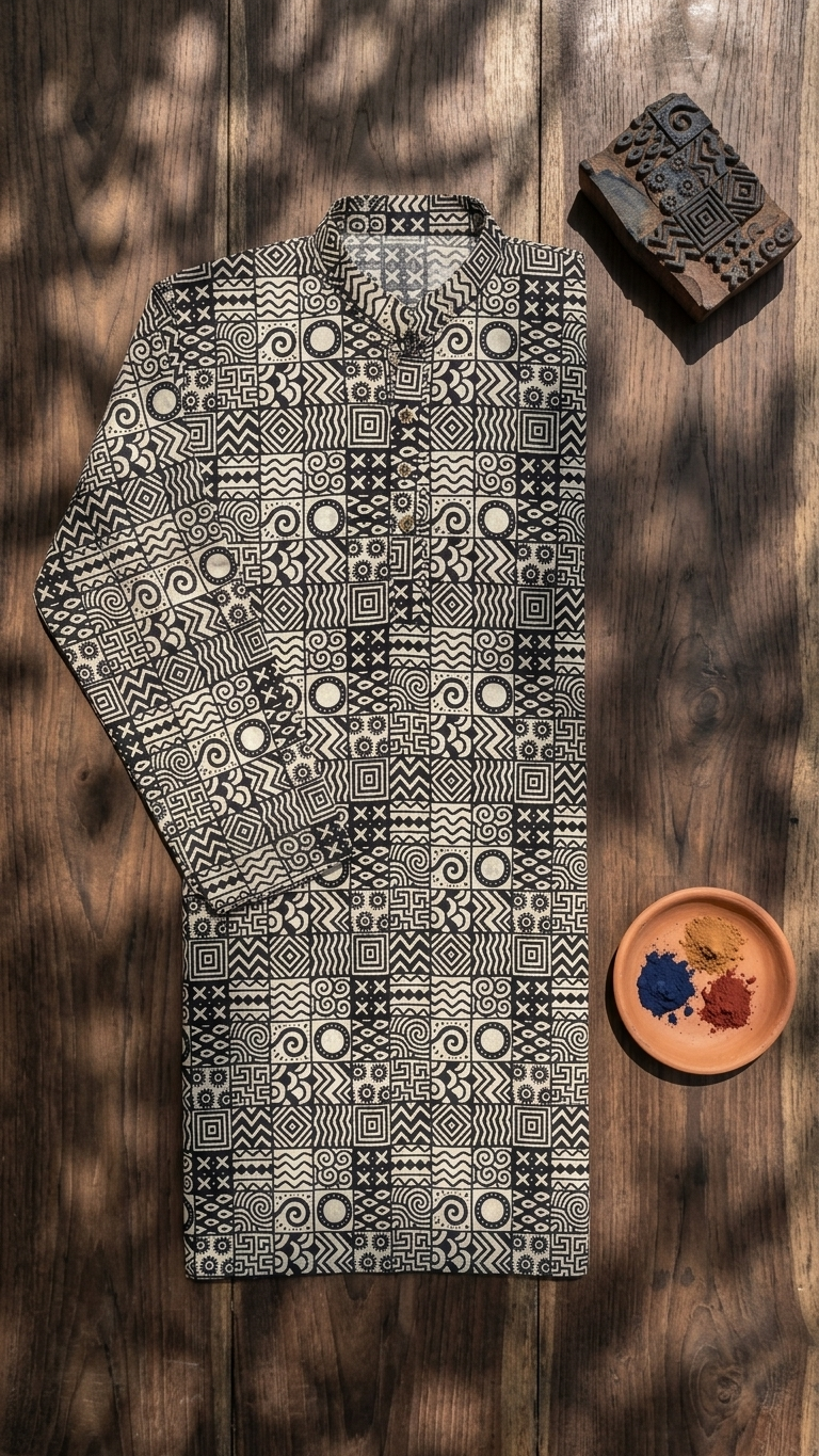 Black White Geometric Printed Men's Long Cotton Kurta