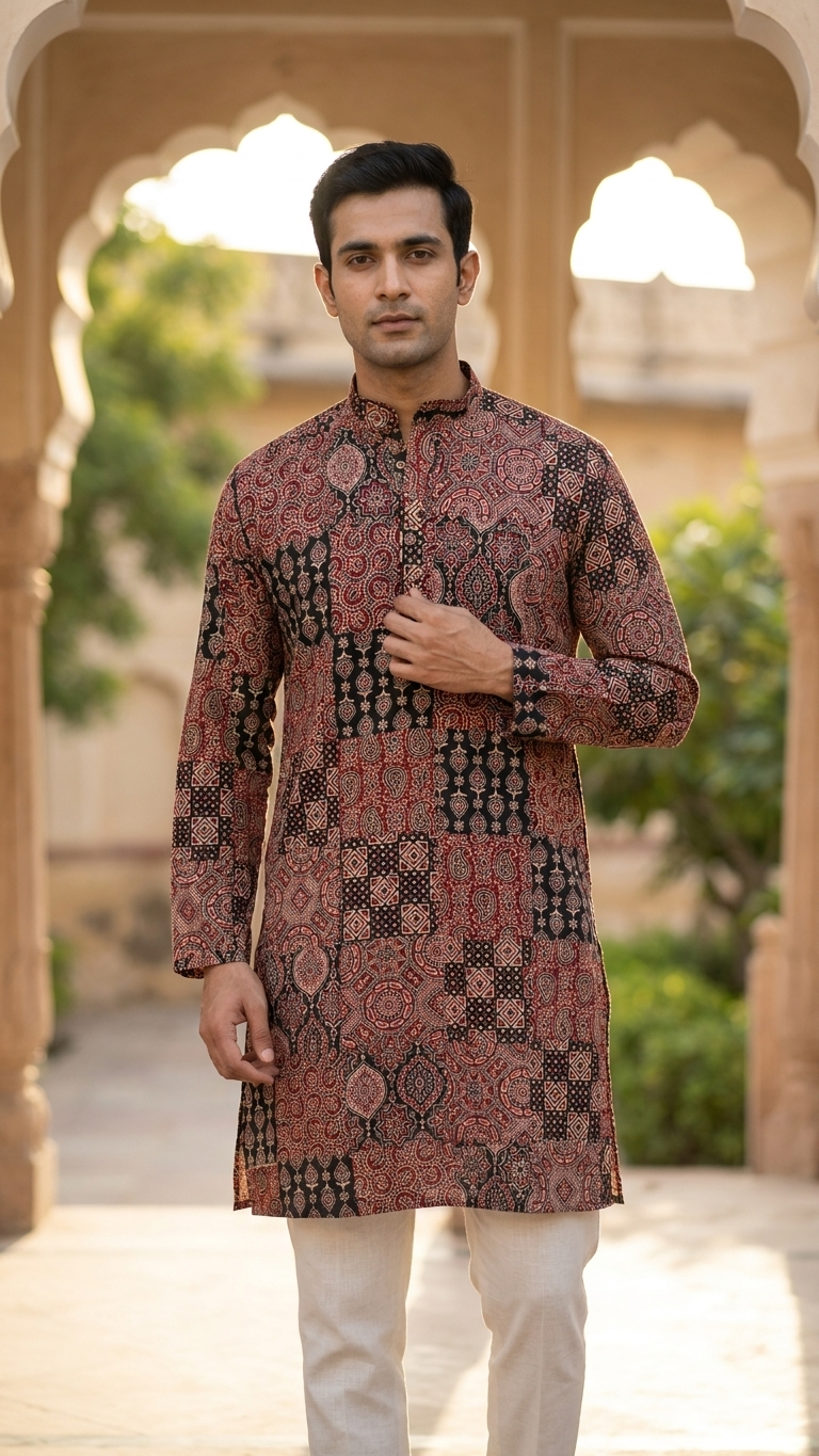Maroon Black Patchwork Paisley Printed Men's Long Cotton Kurta