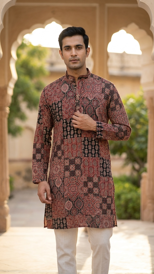Maroon Black Patchwork Paisley Printed Men's Long Cotton Kurta