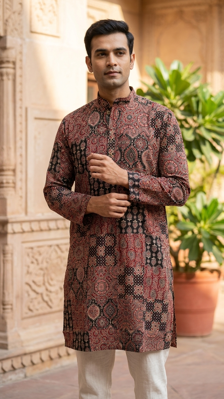 Maroon Black Patchwork Paisley Printed Men's Long Cotton Kurta