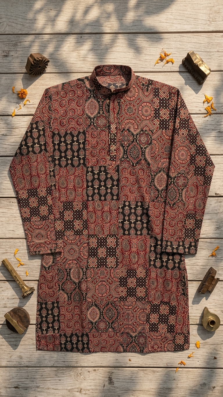 Maroon Black Patchwork Paisley Printed Men's Long Cotton Kurta