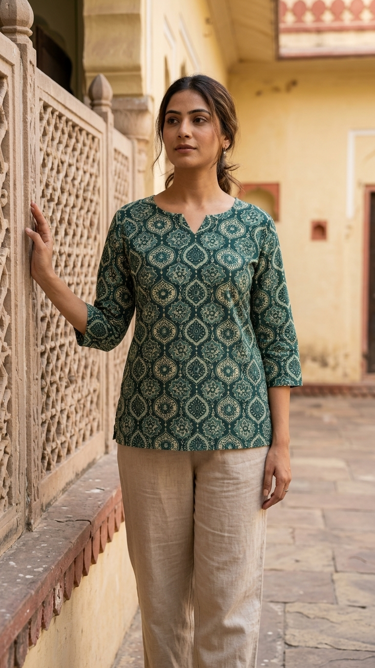 Green Mughal Buta Print Cotton Short Kurti for Women
