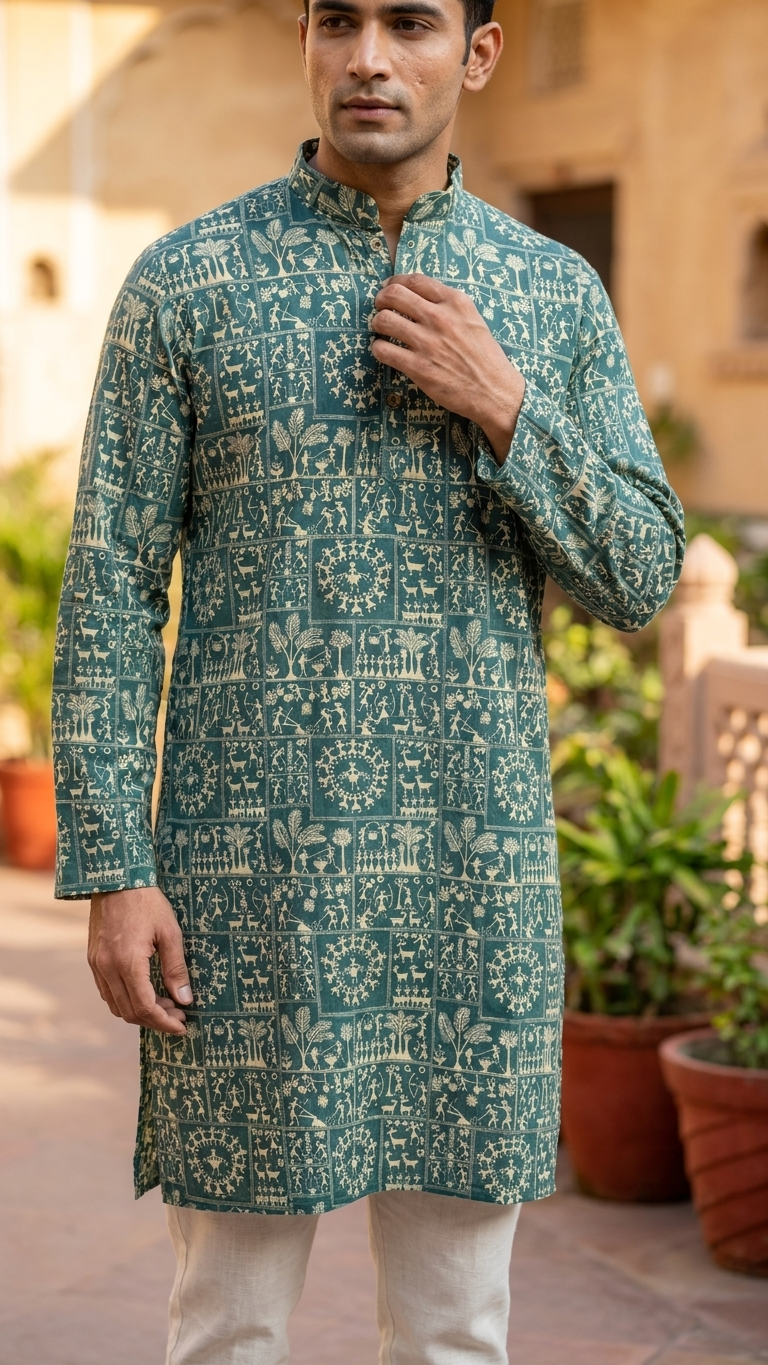 Teal Green Warli Patchwork Printed Men's Long Cotton Kurta