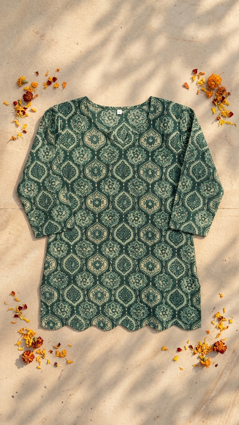 Green Mughal Buta Print Cotton Short Kurti for Women
