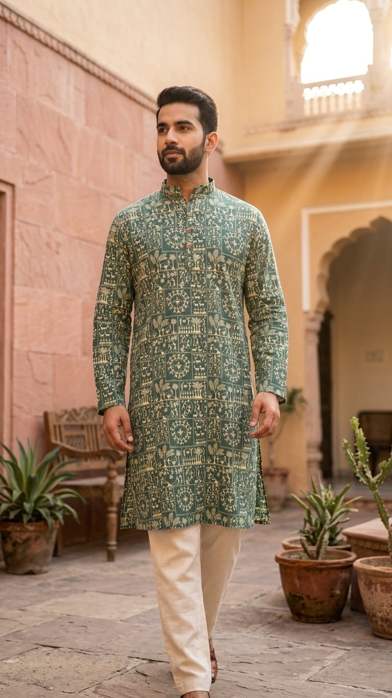 Teal Green Warli Patchwork Printed Men's Long Cotton Kurta