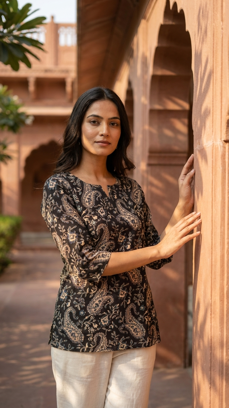 Black Beige Paisley Printed Women's Cotton Short Kurti Top