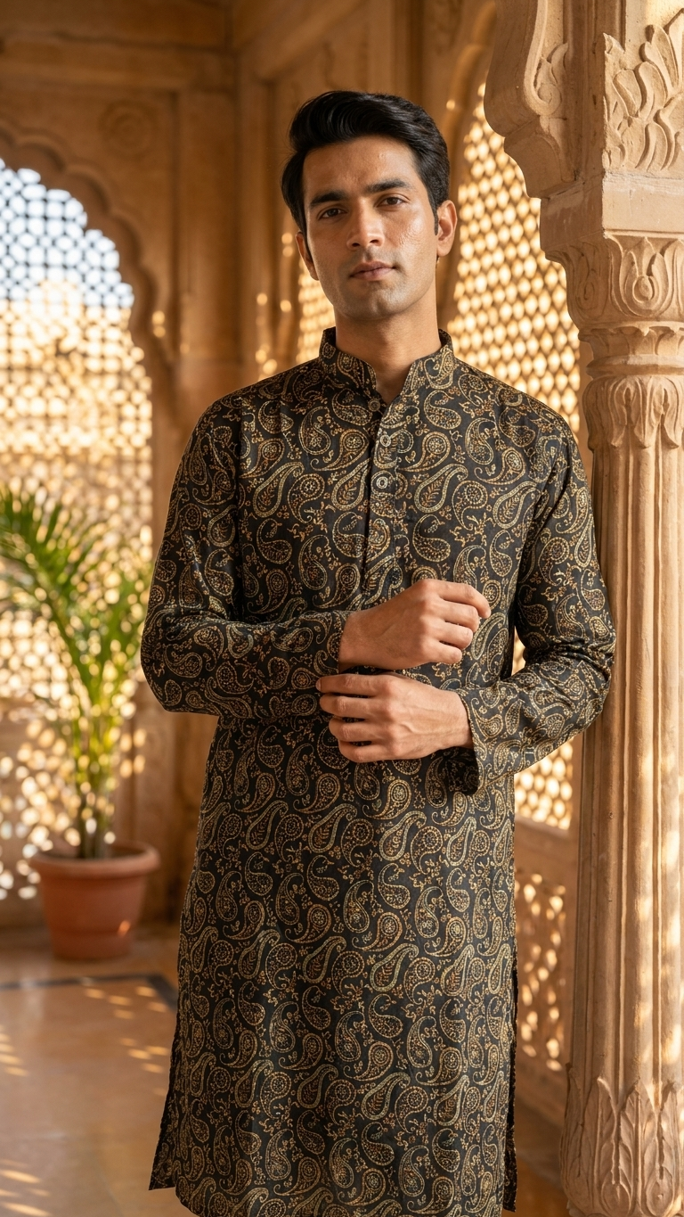 Black Beige Paisley Printed Men's Long Cotton Kurta