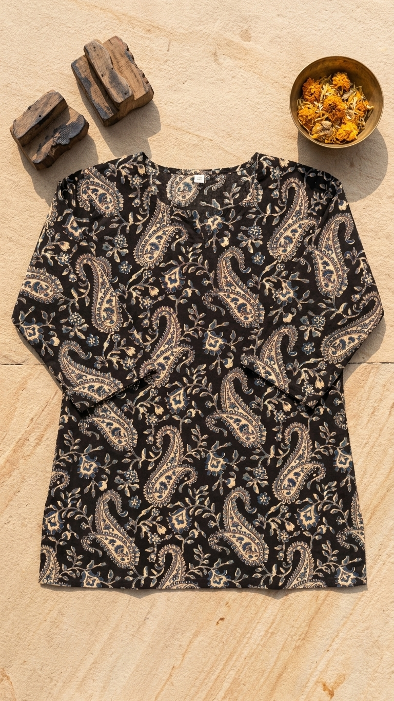 Black Beige Paisley Printed Women's Cotton Short Kurti Top
