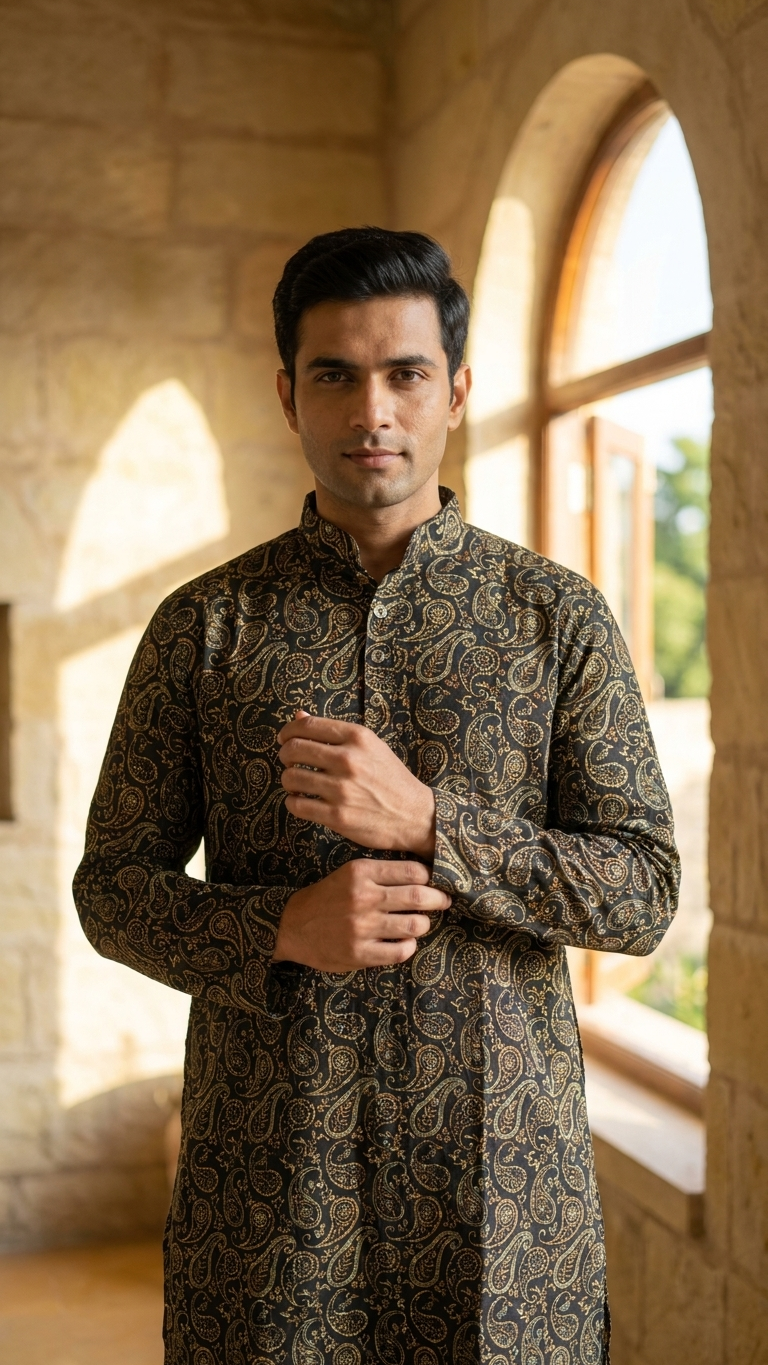 Black Beige Paisley Printed Men's Long Cotton Kurta