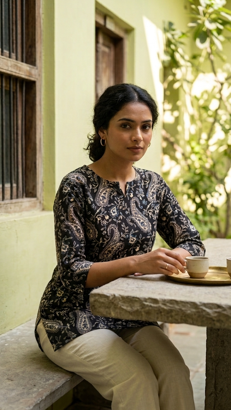 Black Beige Paisley Printed Women's Cotton Short Kurti Top