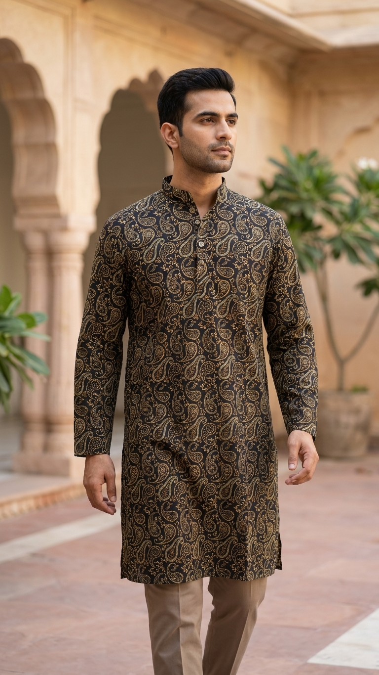 Black Beige Paisley Printed Men's Long Cotton Kurta