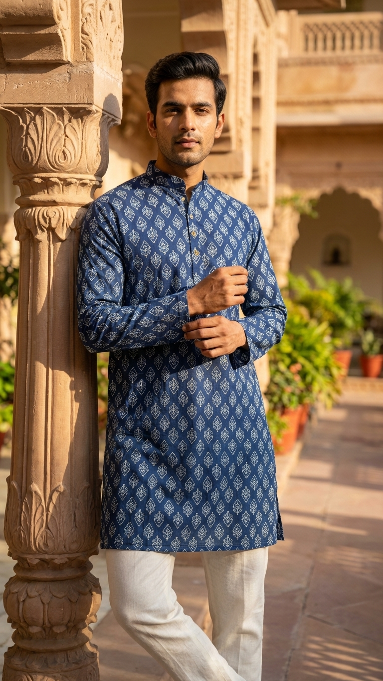 Indigo Blue Leaf Printed Men's Long Cotton Kurta