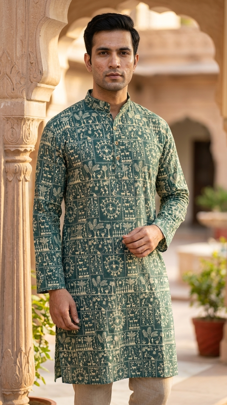 Teal Green Warli Patchwork Printed Men's Long Cotton Kurta