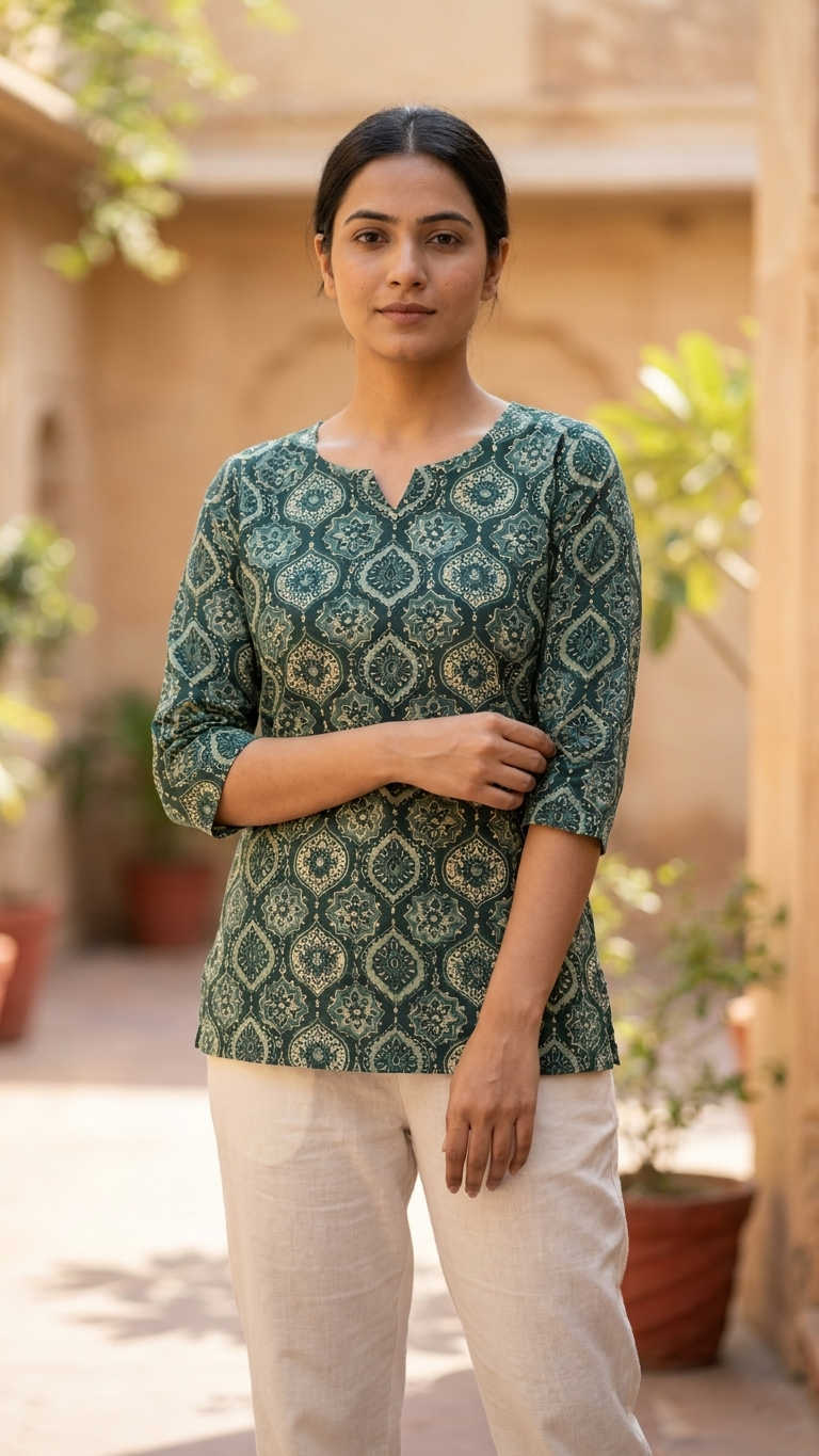Green Mughal Buta Print Cotton Short Kurti for Women