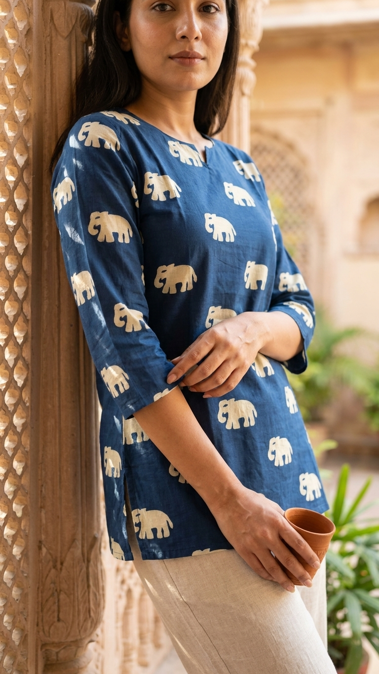 Navy Blue Elephant Print Women's Cotton Short Kurti Top