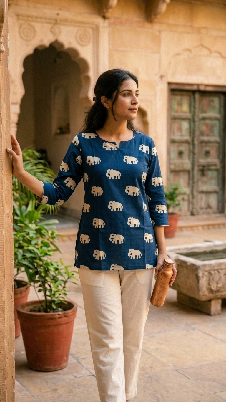 Navy Blue Elephant Print Women's Cotton Short Kurti Top