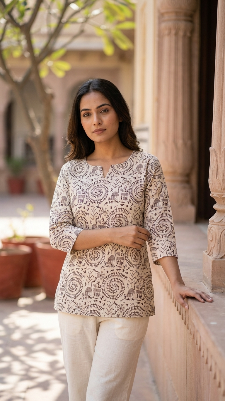 Beige Warli Spiral Print Women's Cotton Short Kurti Top