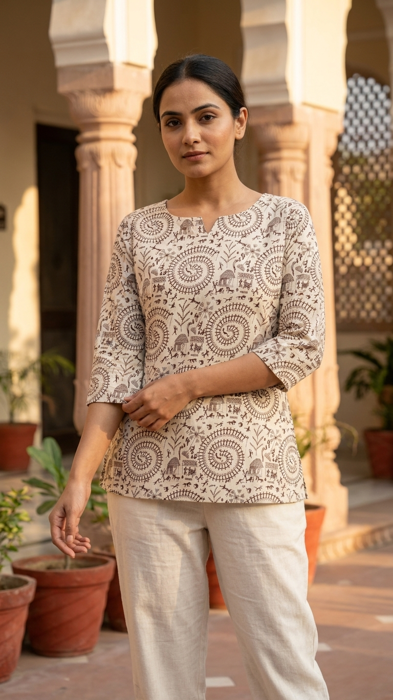Beige Warli Spiral Print Women's Cotton Short Kurti Top