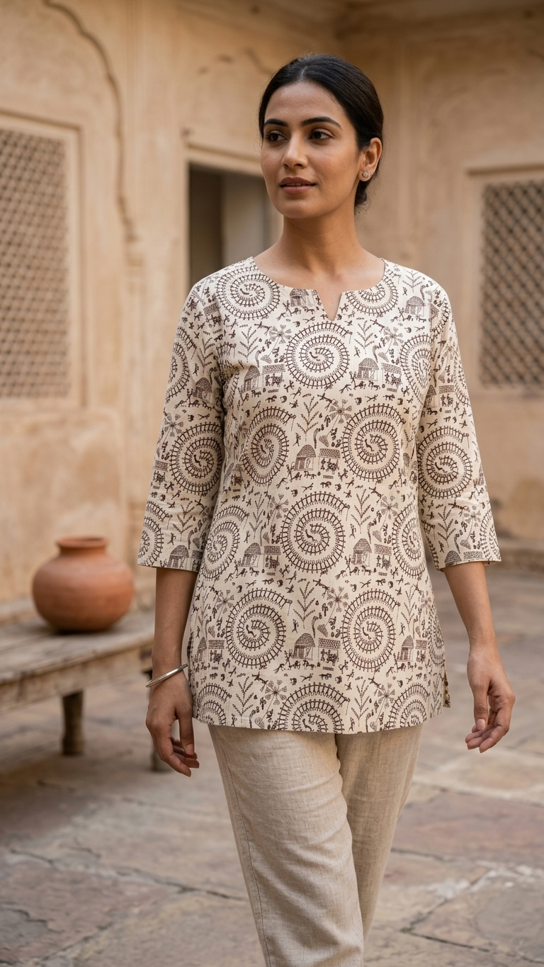 Beige Warli Spiral Print Women's Cotton Short Kurti Top