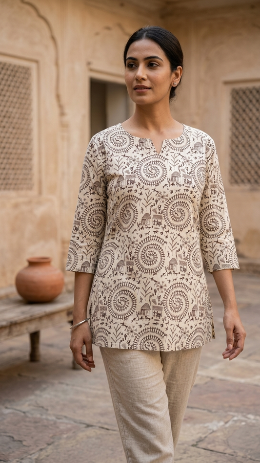Beige Warli Spiral Print Women's Cotton Short Kurti Top