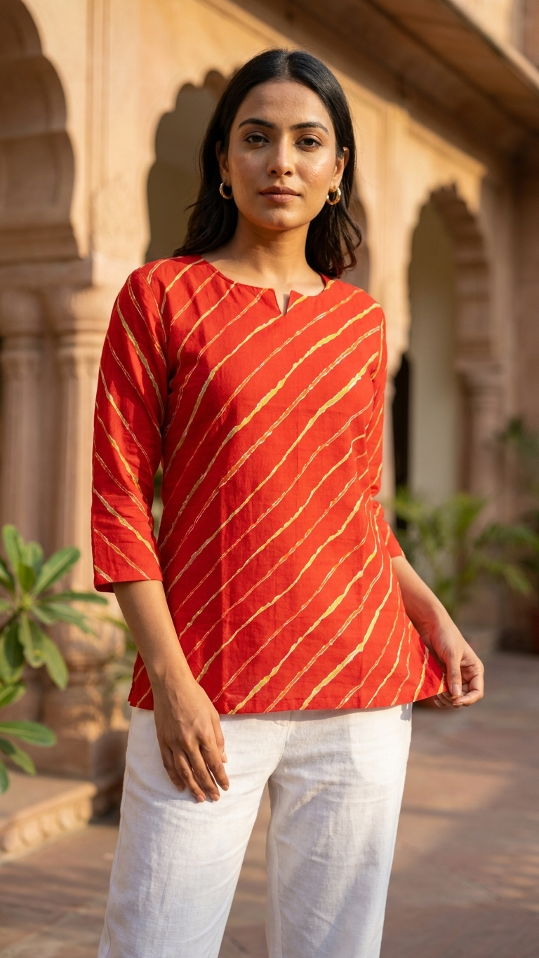 Red Leheriya Printed Women's Cotton Short Kurti Top