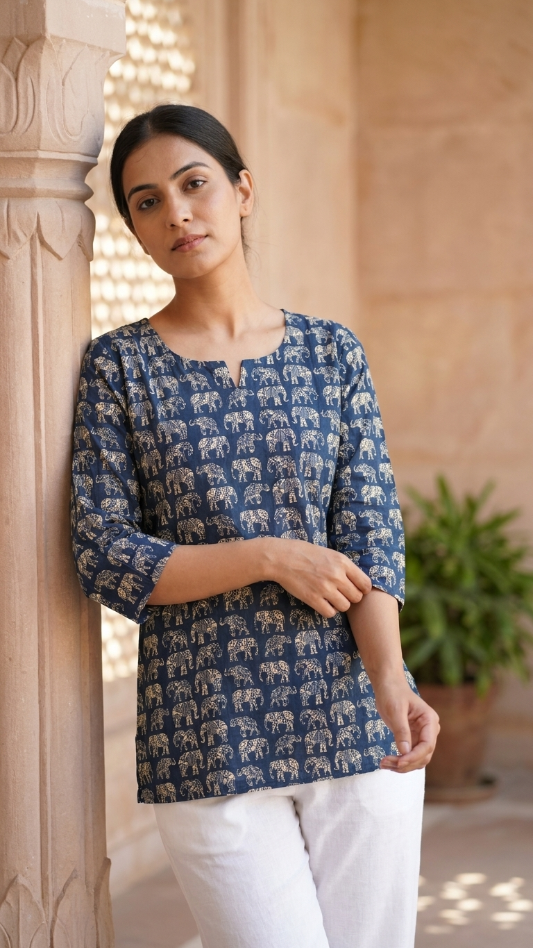 Blue Elephant Print Women's Cotton Short Kurti Top