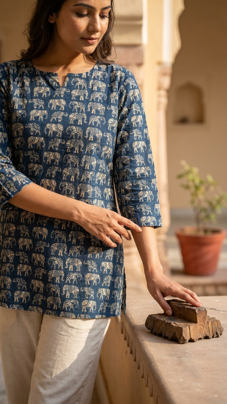 Blue Elephant Print Women's Cotton Short Kurti Top