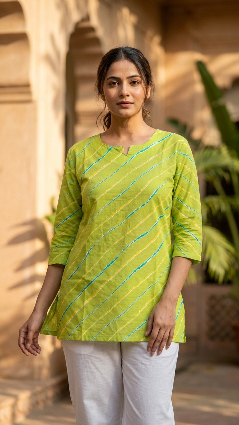 Lime Green Leheriya Printed Women's Cotton Short Kurti Top