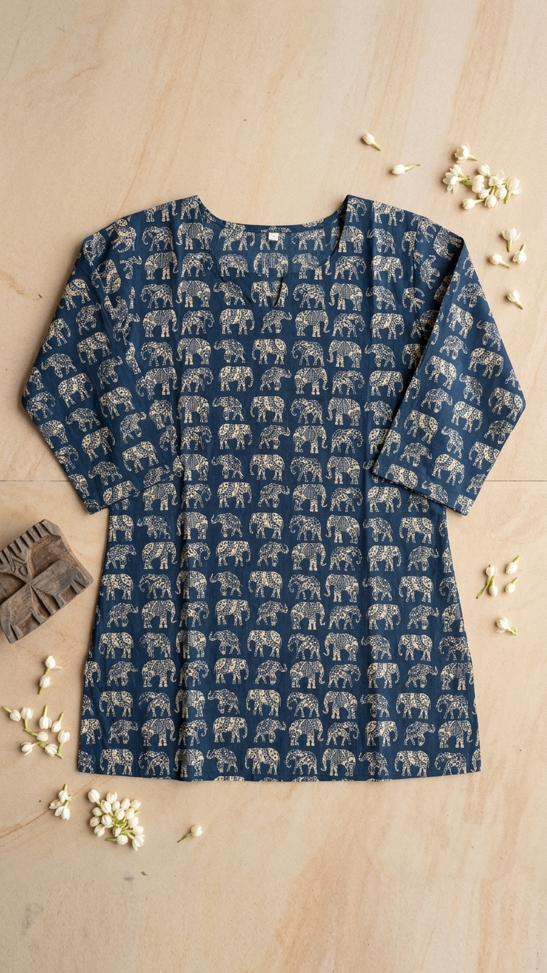 Blue Elephant Print Women's Cotton Short Kurti Top