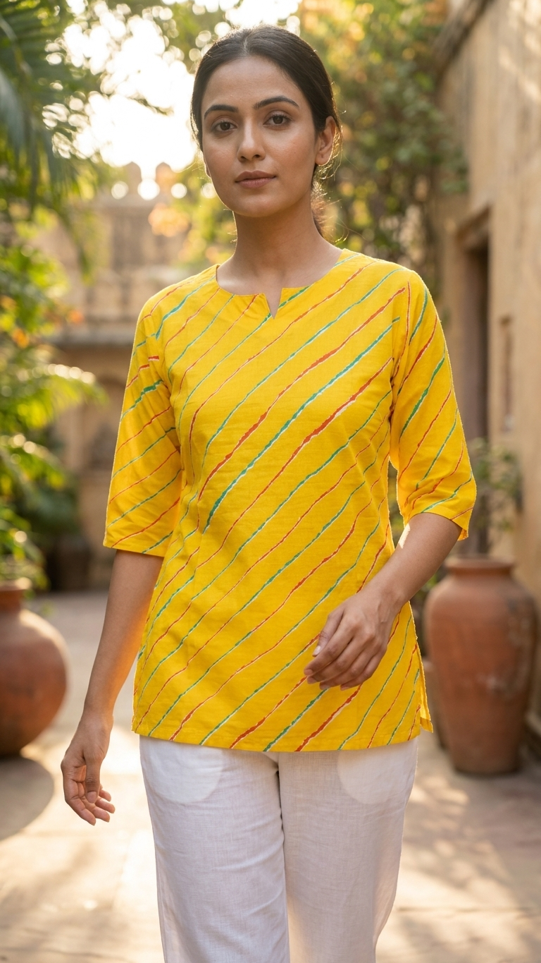Yellow Leheriya Printed Women's Cotton Short Kurti Top