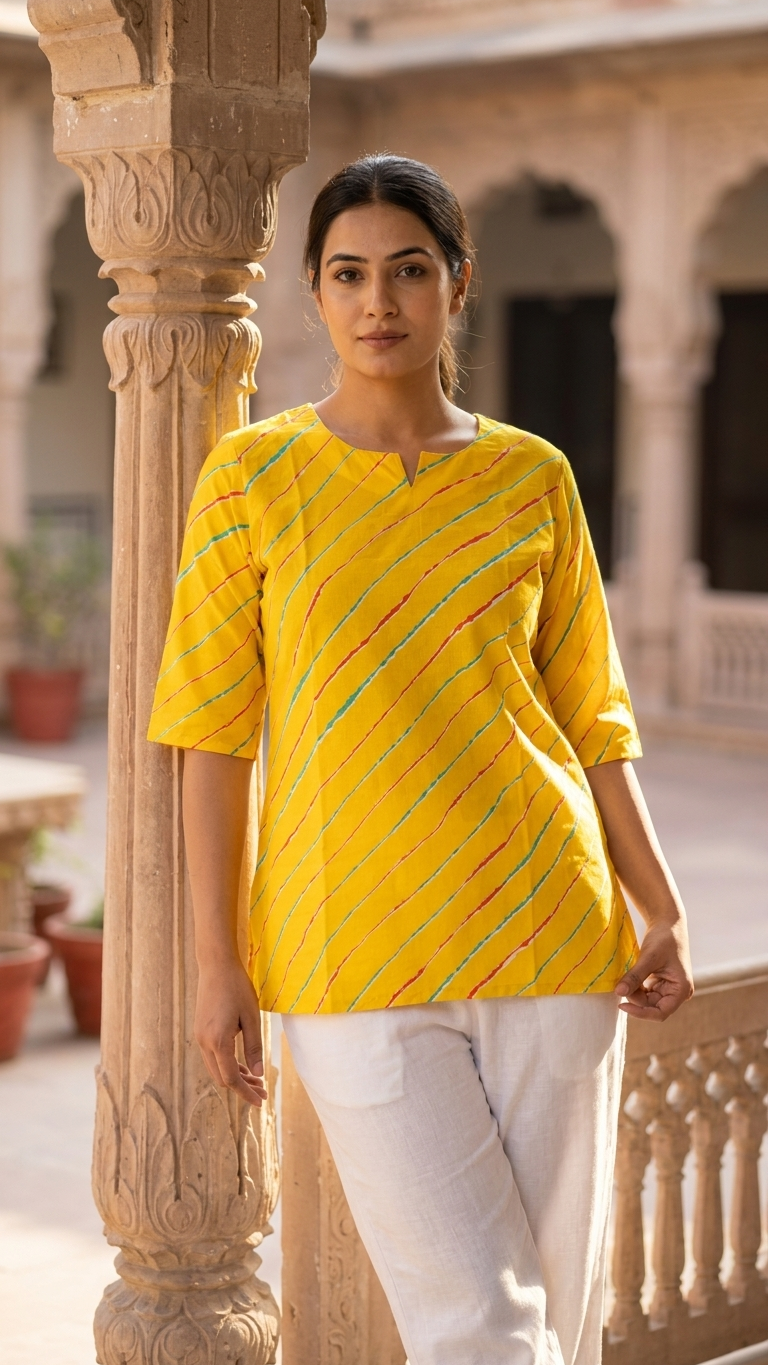 Yellow Leheriya Printed Women's Cotton Short Kurti Top