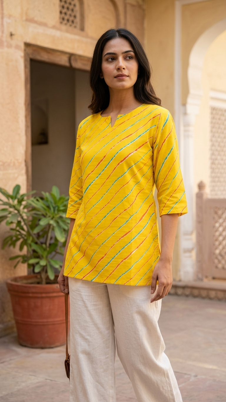 Yellow Leheriya Printed Women's Cotton Short Kurti Top