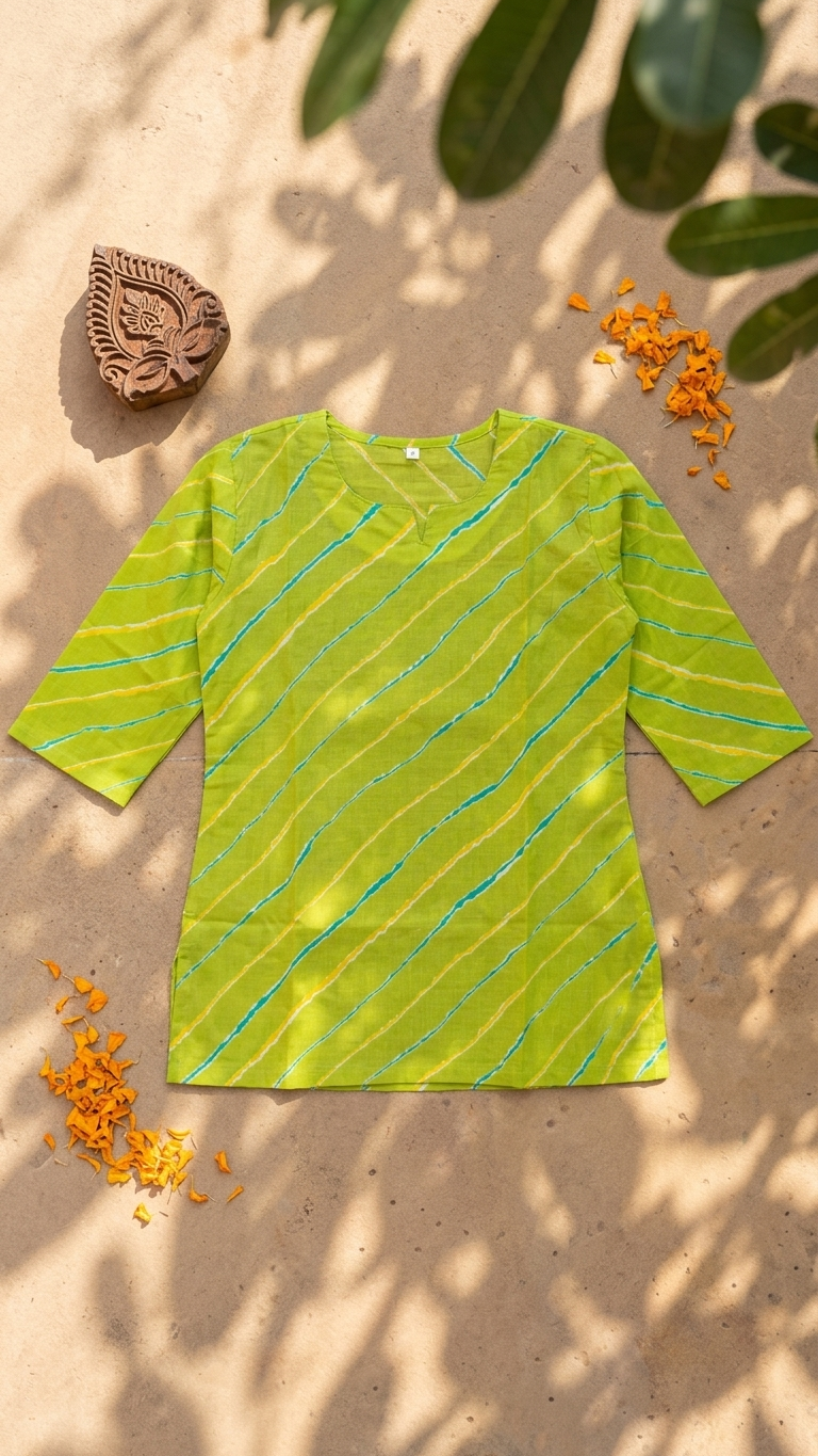 Lime Green Leheriya Printed Women's Cotton Short Kurti Top