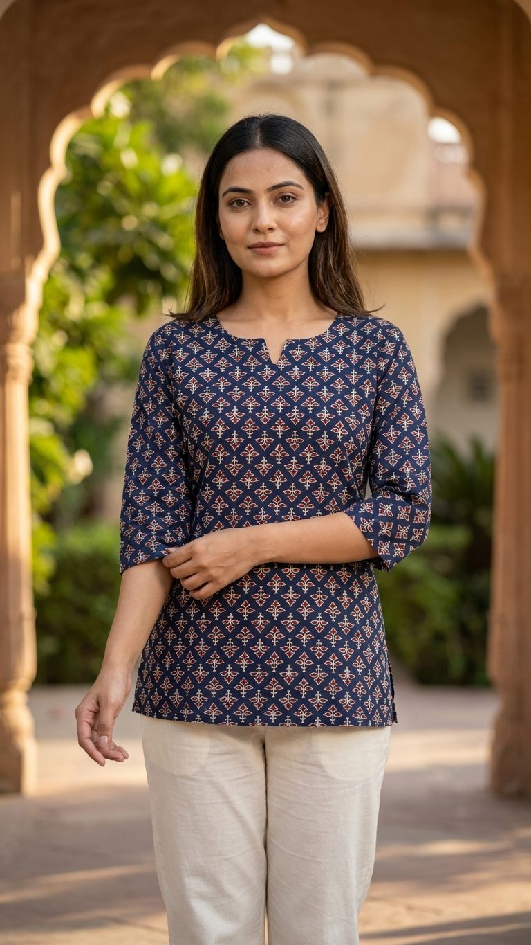 Navy Blue Floral Buti Printed Women's Cotton Short Kurti Top