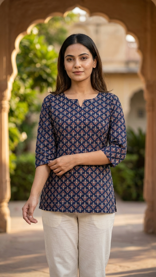 Navy Blue Floral Buti Printed Women's Cotton Short Kurti Top