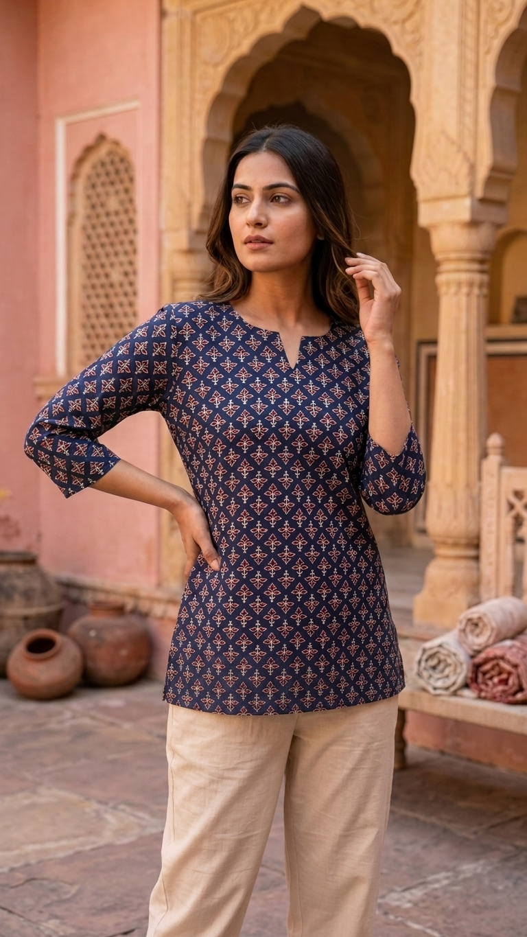 Navy Blue Floral Buti Printed Women's Cotton Short Kurti Top