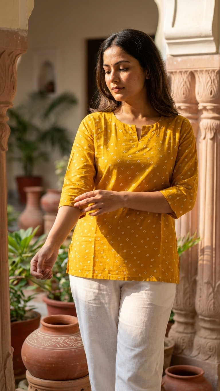 Mustard Bandhani Dot Print Women's Cotton Short Kurti Top