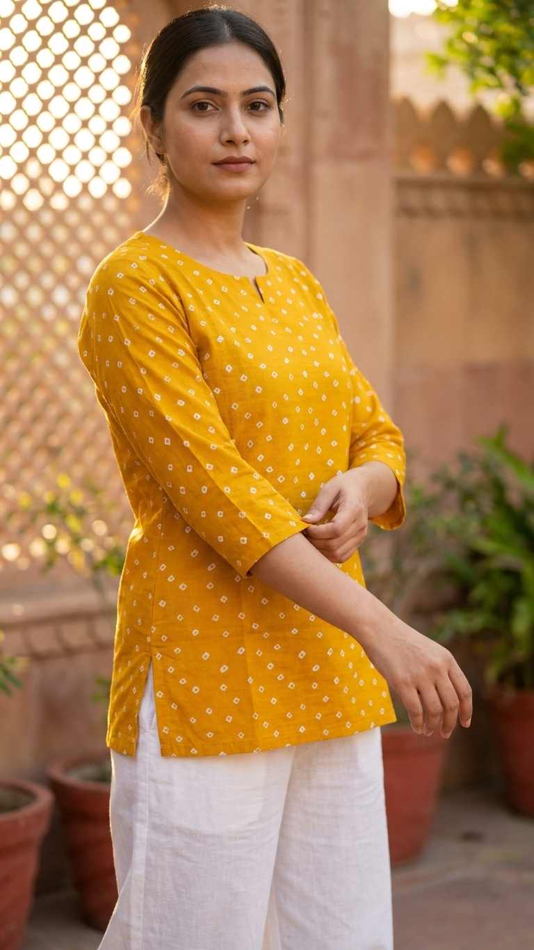 Mustard Bandhani Dot Print Women's Cotton Short Kurti Top